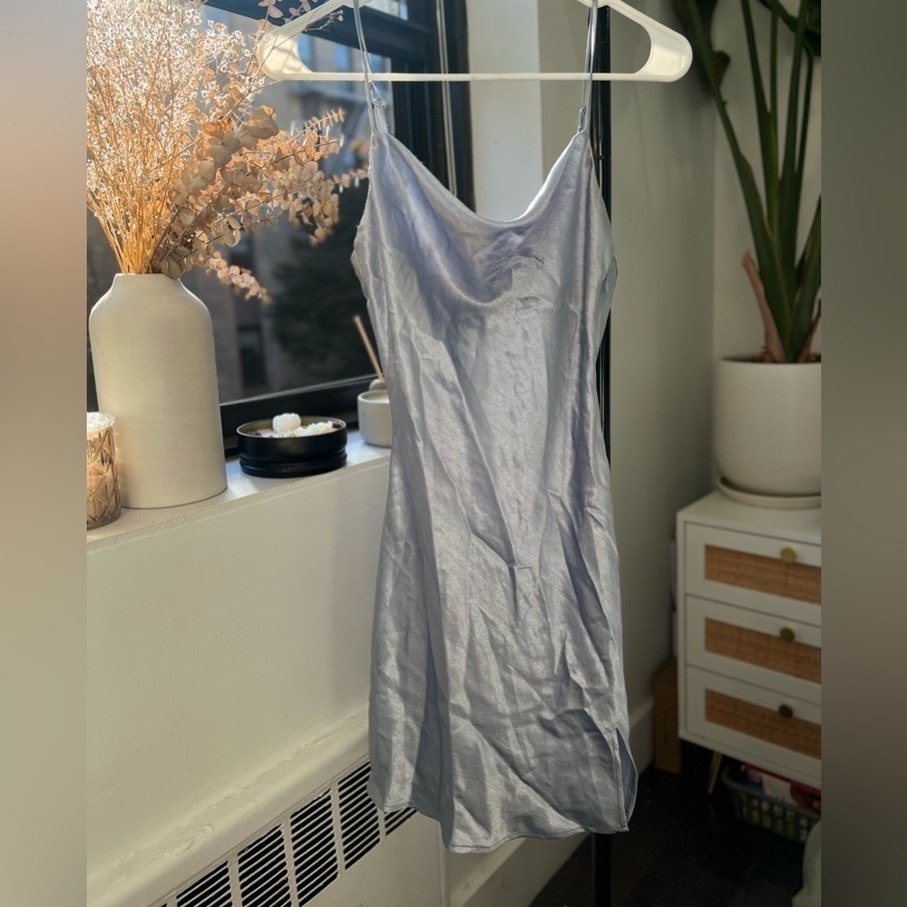 Baby blue satin slip dress